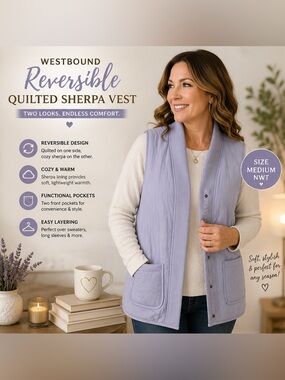 Westbound Reversible Lavender Quilted Sherpa Vest NWT Medium